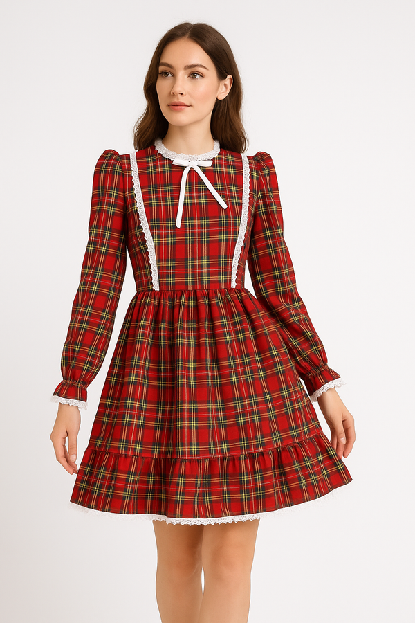 Rochie “Vintage Christmas” din stofă tartan roșie