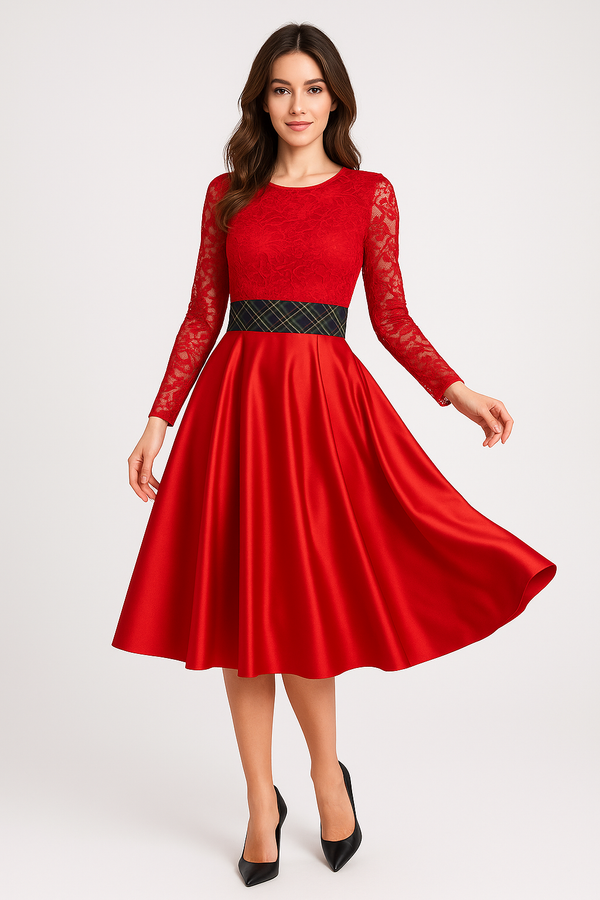 Rochie “Crăciun Regal” din dantelă roșie și satin