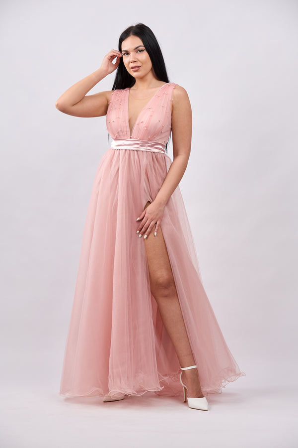 Rochie din tulle cu perle Zoya roz prafuit.
