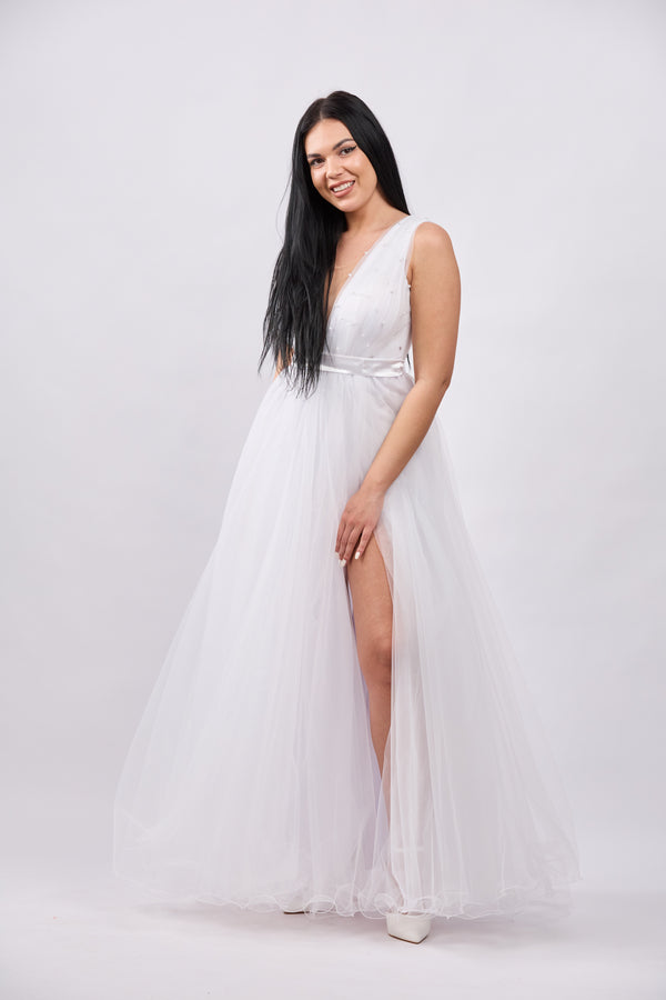 Rochie lunga cu tulle cu perle Zoya alb